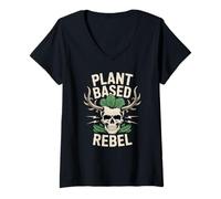 Womens Plant Based Rebel Vegan Skull Design Funny Vegetarian V-Neck T-Shirt