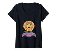 Womens Plant Dj Sunflower Jam To The Beat Fun V-Neck T-Shirt