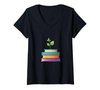 Women's Plant Growing from Books Education Illustration V-Neck T-Shirt