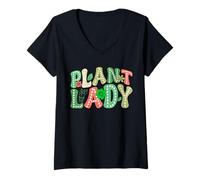 Womens Plant Lady Retro Groovy Gardening Houseplant V-Neck T-Shirt
