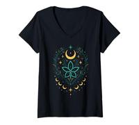 Womens Plant Moon Green Witch Botanical Magic with Moon Phases V-Neck T-Shirt