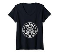 Womens Plant Power Eco Design with Recycling Icons and Leaves V-Neck T-Shirt