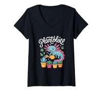 Womens Plantolotl Cute Axolotl Watering Succulent Plants V-Neck T-Shirt