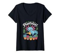 Womens Plantolotl Cute Axolotl with Succulents Houseplants V-Neck T-Shirt