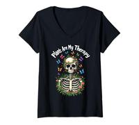 Womens Plants Are My Therapy Skeleton Funny Gardener Gardening Life V-Neck T-Shirt