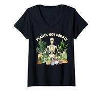 Womens Plants Not People Funny Skeleton Meditation Plant Lover V-Neck T-Shirt
