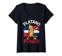 Women's Platano Power Dabbing Banana Mascot Dominican Republic Flag V-Neck T-Shirt
