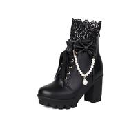 Women's Platform Ankle Boots Lace Pearl Goth Boots Black