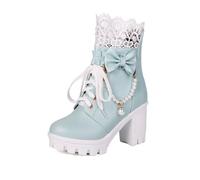 Women's Platform Ankle Boots Lace Pearl Goth Boots Blue