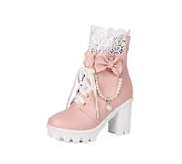 Women's Platform Ankle Boots Lace Pearl Goth Boots Pink