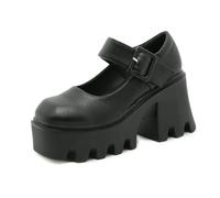 Women's Platform Block Heel Mary Jane Shoes Square Toe Buckle Strap Patent Leather Cosplay Uniform Shoes,Black Matte,2.5 UK