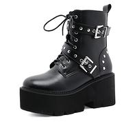 Women's Platform Boots Buckle Lace Up Combat Boots Ladies Block Heel Ankle Boot Zip Biker Punk Fashion Strappy Gothic Boots Size 2.5-9 UK (9,Black)