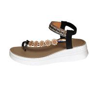 Womens Platform Clip Toe Sandals Summer Flowers' Strap Arch-Support Memory oam Thongs Elastic T-Strap Shoes Toe Corrector Beach ohemian Flip Flops Fit for Casual Vacation (Black, 4)