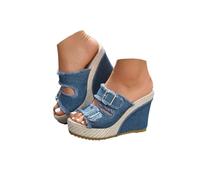 Women's Platform Denim Slide Sandals witrh Arch Support Cork Sandals with Two Adjustable Straps Buckles Slip On Open Toe Summer Casual Beach Sandal Comfortable Daily Dressy Slides (B-Blue, 5.5)