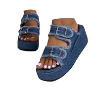 Women's Platform Denim Slide Sandals witrh Arch Support Cork Sandals with Two Adjustable Straps Buckles Slip On Open Toe Summer Casual Beach Sandal Comfortable Daily Dressy Slides (A-Blue, 6)