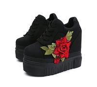 Women's Platform Embroidered Increased Sneakers Comfort Hidden High Heels Leather Wedges Tennis Fashion Breathable Jogging Walking Dress Sneakers Orthotic Low-top Bride Wedding Shoes(Black,3.5 UK)