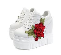 Women's Platform Embroidered Increased Sneakers Comfort Hidden High Heels Leather Wedges Tennis Fashion Breathable Jogging Walking Dress Sneakers Orthotic Low-top Bride Wedding Shoes(Wei,5 UK)