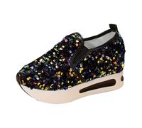 Women's Platform Glitter Trainers Slip On Sequins Trainers, Black-Green1, 4 UK
