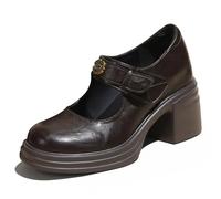 Women's Platform Heels Chunky Block Heel Pumps Round Toe Mary Janes with Hidden Wedge for Party & Formal Events Adjustable Hook Loop Office Court Shoes,Brown,1.5 UK