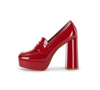 Womens Platform Heels Loafers Chunky High Heel Closed Toe Patent Leather Shoes Penny Loafer Business Dress Work Pumps, Red, 7.5