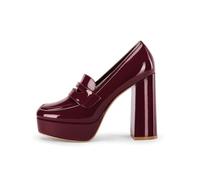 Womens Platform Heels Loafers Chunky High Heel Closed Toe Patent Leather Shoes Penny Loafer Business Dress Work Pumps, Burgundy, 6.5 UK