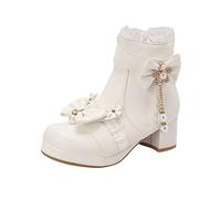 Women's Platform High Heels Ankle Boots Block Heel Ankle Boots with Bow and Zip Chunky Heel Women's Boots Japanese Lolita Princess Style Shoes Leather Shoes, White, 5 UK