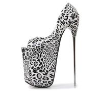 Womens Platform High Heels Sandals Sexy Ultra Stiletto Pumps Leopard Print Peep Toe Fish Mouth Slip on Summer Court Shoes For Stripper Party Pole Dancer Stage Model Nightclub 8.66 IN(White,5 UK)