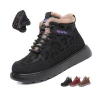 Women's Platform Leopard Print Lace-Up Plush Sneakers Winter Warm Plush Ankle Boots Outdoor Lightweight Hiking Work Snow Boots (6,Black Leopard Print)