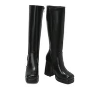 Women's Platform Mid Calf Boots Stretchy Knee High Boots Square Toe Chunky Block Heeled Boots with Side Zipper,Black,15 UK