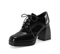 Women's Platform Oxford Heels Lace-Up Square Closed Toe Chunky Block High Heel Pumps Patent Leather Dress Work Office Oxfords Shoes, Black, 7.5 UK