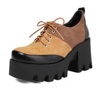 Women's Platform Oxford Heels Square Toe Punk Style Lace-Up Shoes with Thick 4cm Platform and Chunky Block Heel Color Block Casual Brogue Inspired Design,Brown,5 UK