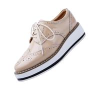 Women's Platform Oxfords Shoes Classic Chunky Leather Wingtips Round Toe Sneakers Lace-Up Wedges Dress Shoes Breathable Comfortable Glossy Sneakers Beige