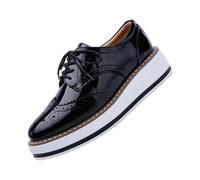 Women's Platform Oxfords Shoes Classic Chunky Leather Wingtips Round Toe Sneakers Lace-Up Wedges Dress Shoes Breathable Comfortable Glossy Sneakers Black