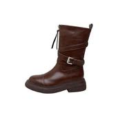 Women's Platform Round Toe Mid-Calf Western Cowboy Boots Front Zipper French Vintage Design Fashion Height Increase Leather Boots Brown