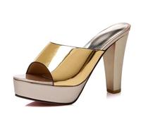 Women's Platform Sandals Chunky Block Heel Metallic Mirror Peep Toe Slip On Dress Shoes Classic Evening Heels for Formal Event & Dinner Reception,Gold,6 UK