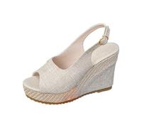 Women's Platform Sandals Open Toe Covering Upper Strap Back with Side Buckle Shoes Wedge Heel High Thick Sole Simple Line City Leisure Spring Summer, 01 Beige, 9 UK