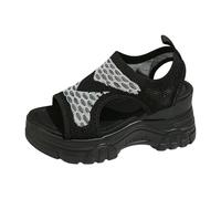 Women's Platform Sandals, Open Toe, Cut Out Sides, Chunky Notched Sole | Open Toe Slip-On | Summer Beach Walking City Vacation, 01 Black, 8 UK