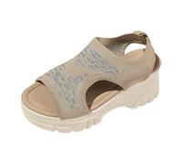 Women's Platform Sandals, Open Toe, Cut Out Sides, Chunky Notched Sole | Open Toe Slip-On | Summer Beach Walking City Vacation, 01 Khaki, 9 UK