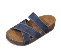 Womens Platform Slides Distressed Criss Cross Strap Wedge Sandals Ribbed Thick Sole Slip On Casual Summer Open Toe Mules Blue