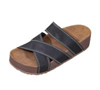 Womens Platform Slides Distressed Criss Cross Strap Wedge Sandals Ribbed Thick Sole Slip On Casual Summer Open Toe Mules Black
