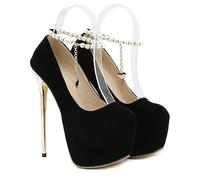Women's Platform Slip On High Heels Round Toe Stiletto Heel Ankle Strap Pumps Platform Pump Shoes Boho Sexy Casual 6.3" High Heel Sandals for Night Club Party Hot Girls ( Color : Black pearl , Size :