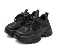 Women's Platform Sneakers, PU Leather Low Top Lace Up Fashion Sneakers with Rubber Sole, 5 cm Chunky Casual Walking Shoes for Women Black