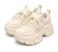 Women's Platform Sneakers, PU Leather Low Top Lace Up Fashion Sneakers with Rubber Sole, 5 cm Chunky Casual Walking Shoes for Women White