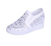 Women's Platform Sneakers Slip on Wedge Shoes Lace Sequins Mesh Loafers Flower Embroidered Walking Shoes Comfortable Lightweight Wedges White