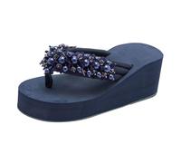 Women's Platform T-Strap Sandals Flower Wedge Flip Flops Size 4 Beaded Sandals Wedges Slipper Glitter Thong Flip-Flops for Summer Beach Vacation Toe Post Sandals Dark Blue Footwear Gift