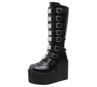 Womens Platform Wedge Mid Calf Buckle Goth Boots Round-Toe Back Zip Punk Goth Combat Boots Knee High Chunky High Heel Combat Boot for Women Matte Black Footwear Gift Size 6.5