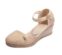 Women's Platform Wedge Sandals - Adjustable Ankle Strap Sandal Linen Backless Breathable Sandals Fashion Versatile Braided Buckle Sandal Crochet Sole Closed Toe For Walking Holidays Traveling