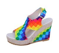 Women's Platform Wedge Sandals Graphic Print Buckle Back Strap Open Toe Thick Sole | Summer Outdoor Shoes Vacation Beach City Bohemian Style Shoes, 01 Multicolor1, 9 UK