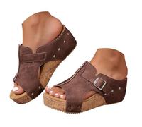Women's Platform Wedge Sandals,Ladies Fashion Cork Open Toe Leather Wedges Heels Sandals 2026 Summer Dressy Orthopedic Casual Slip On Shoes (6,Brown)