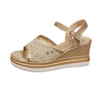 Women's Platform Wedge Sandals | Open Toe, Ankle Strap with Side Buckle, Openwork Mesh Insert on the Front, Wedge Heel, Thick Sole | City Going Out Spring Summer, 01 gold, 6 UK